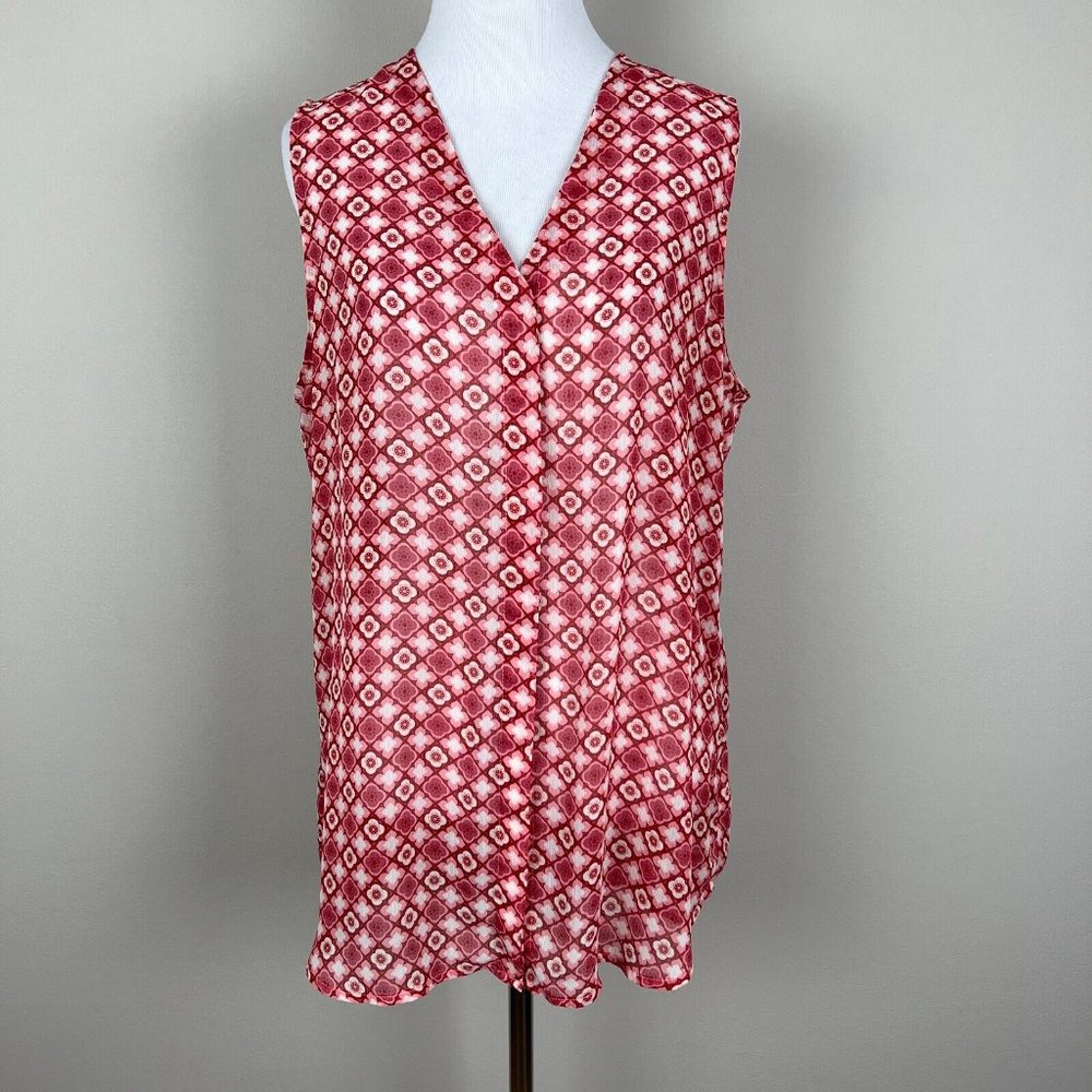 Kut From The Kloth Top Womens Large Floral Geo Button Up Sleeveless V-Neck Sheer